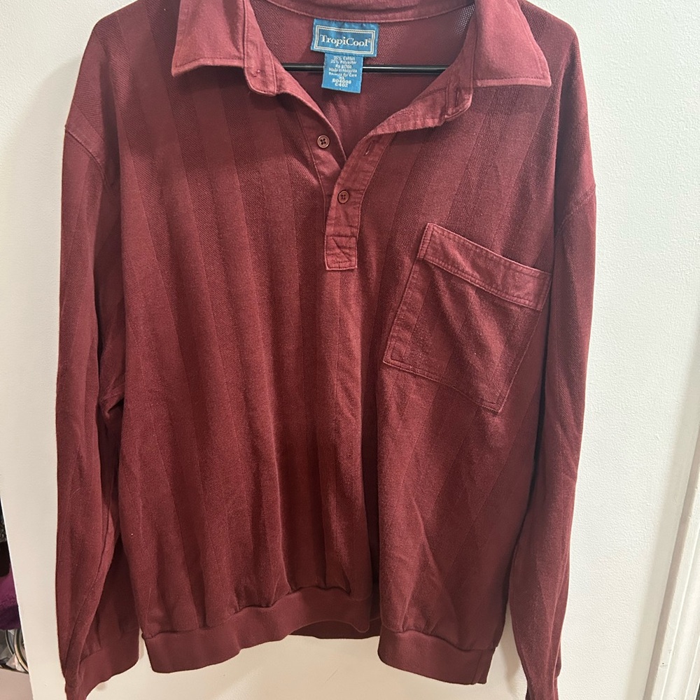 TropiCool Mens Burgundy‎ Striped Long Sleeve Polo Shirt Size XL